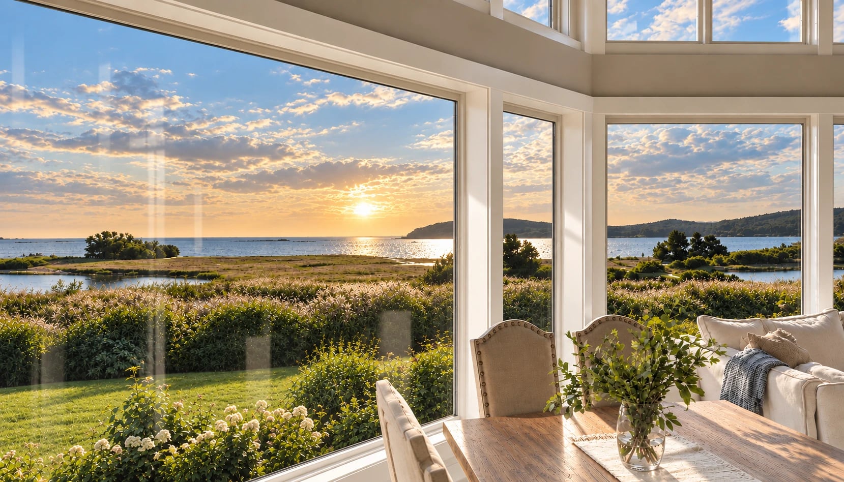 A coastal dining room at sunset: fixed picture windows and a row of transoms above open onto marsh grass, a lawn and open water